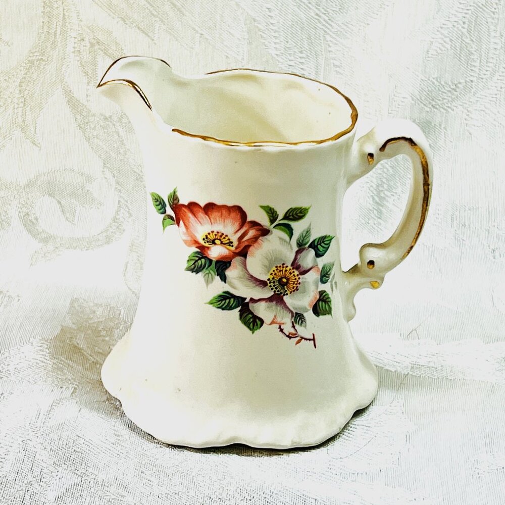 House of Webster Ceramic Pitcher Vintage Creamer Briar Rose Gold Trim USA 1950’s